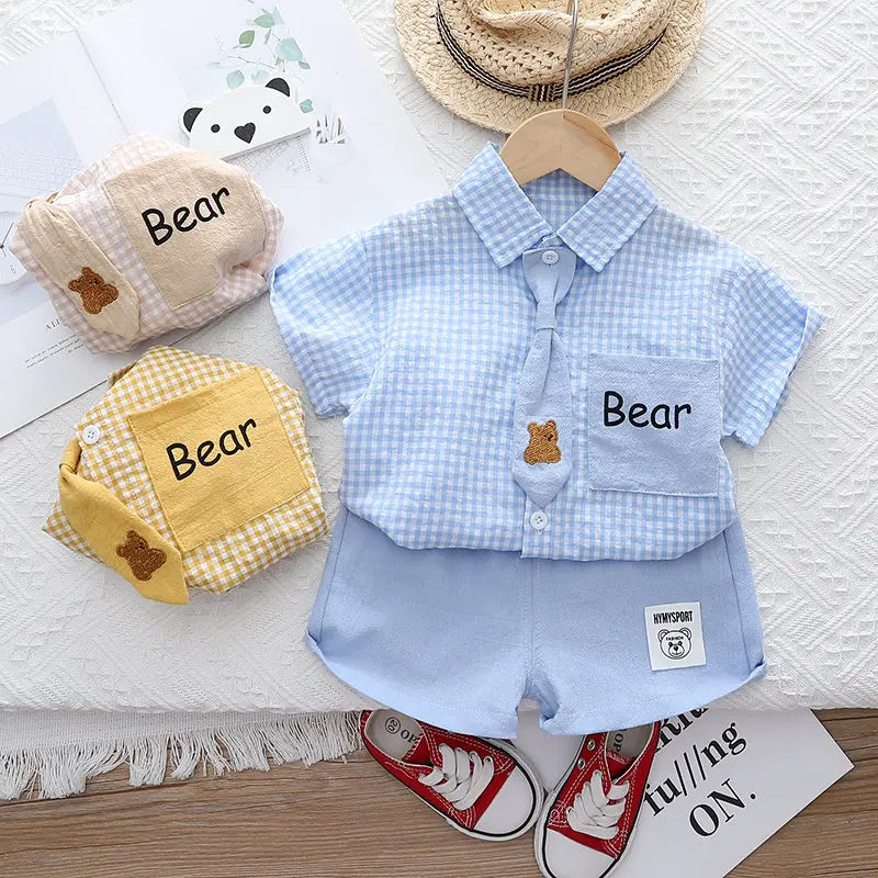 Summer Casual Plaid T-Shirt And Pants Set with Tie for Baby Boys Cotton Toddler Outfit 2Pcs Clothing Suit Kids Clothing