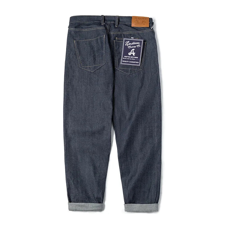 Vintage 13.5oz Heavyweight Selvedge Raw Denim Jeans Men's Straight Fit Cotton Jeans Casual Pocket Trousers Fall Winter