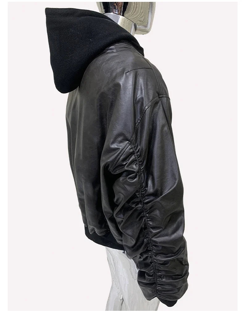 Spring Oversized Vintage Black Faux Suede Leather Jacket Men Zipper Fake 2 Piece Luxury Designer Clothes Hoodie 2024