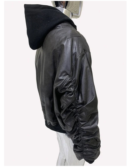 Spring Oversized Vintage Black Faux Suede Leather Jacket Men Zipper Fake 2 Piece Luxury Designer Clothes Hoodie 2024