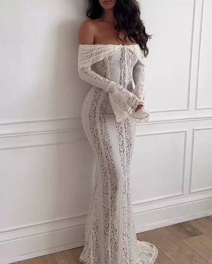 Elegant Off The Shoulder Bodycon Dress 2024 New in White Flare Sleeve Lace Maxi Dress Wedding Guest Dress for Women