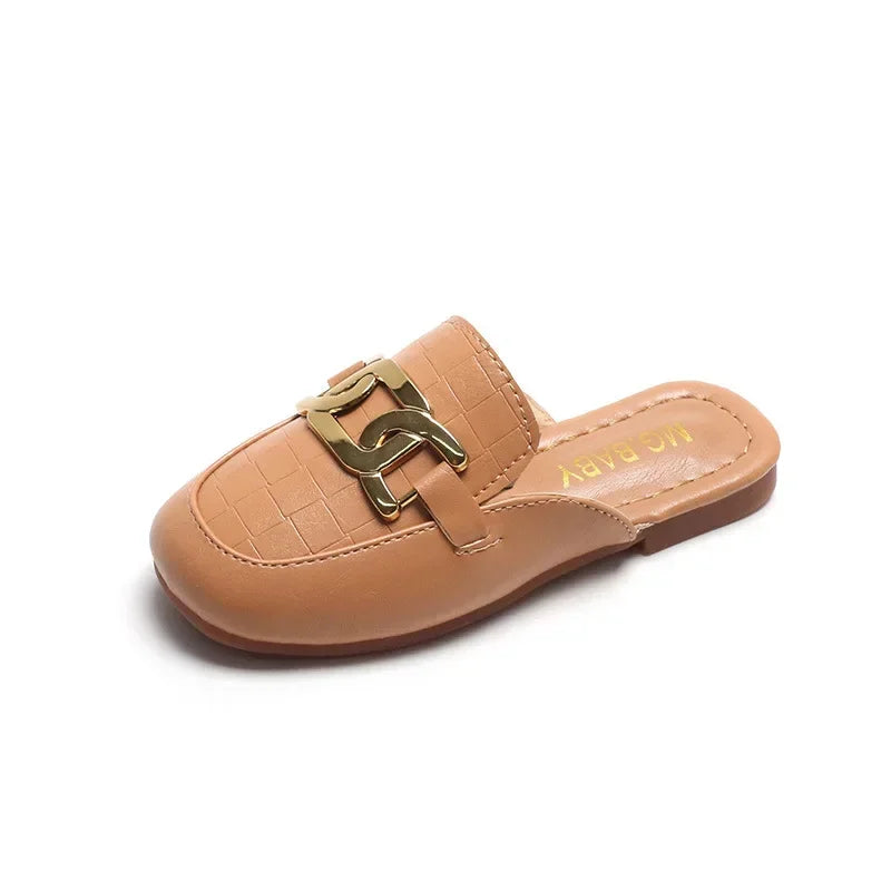 Children Sandals for Girls 2024 Summer New Girls Covered Toes Flat Leather Slippers Casual Lazy Metal Korean Kids Fashion Flats