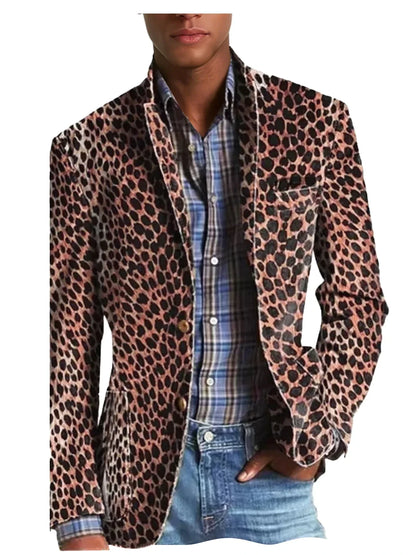 Men's Leopard Print Velvet Blazer Classic Fit Stylish Long Sleeve Notched Lapel Suit Jacket for Nightclub Wedding Streetwear