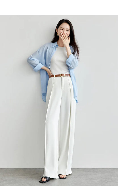 Women's Tailored Trousers Formal Solid High-waist Folds Twill Workwear Pockets Full-length Pants 2026 Spring 151K57704