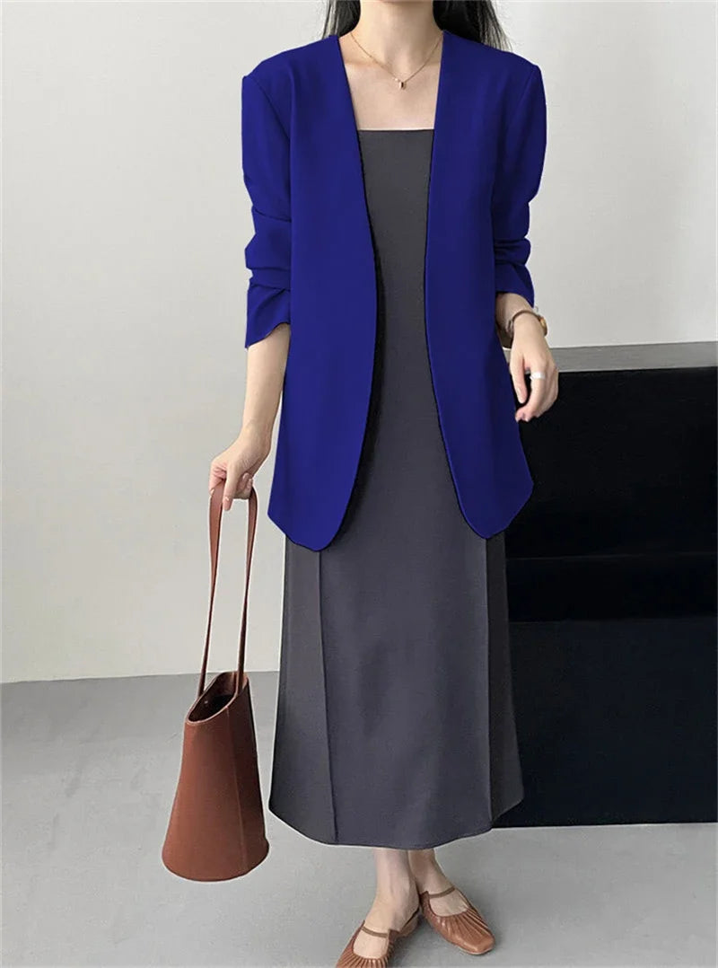 Fashion New Solid Casual Joker Women's Blazer Spring Autumn No Placket Cardigan Suit Jackets V-neck Long Sleeve 19-Color Coats