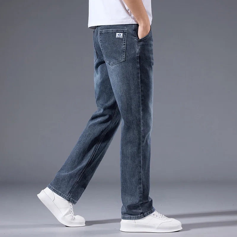Men's loose straight leg jeans retro washed elastic casual pants suitable for all seasons versatile pants