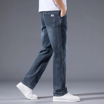 Men's loose straight leg jeans retro washed elastic casual pants suitable for all seasons versatile pants