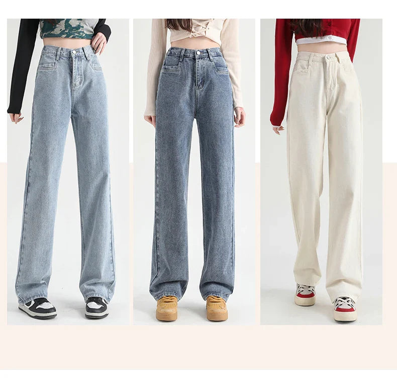 Woman Jeans Elastic High Waist Wide Leg Cotton Denim Clothing Blue White Streetwear Vintage Fashion Harajuku Straight Pants
