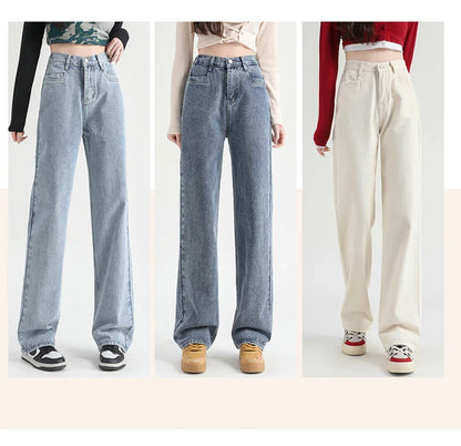 Woman Jeans Elastic High Waist Wide Leg Cotton Denim Clothing Blue White Streetwear Vintage Fashion Harajuku Straight Pants