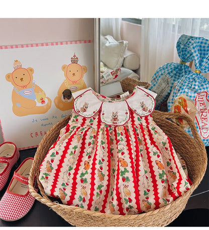 Flower Collar Rabbit Embroidered Girls' Dress 2025 Summer Style Cartoon Print Sweet and Cute Baby Sleeveless Dress