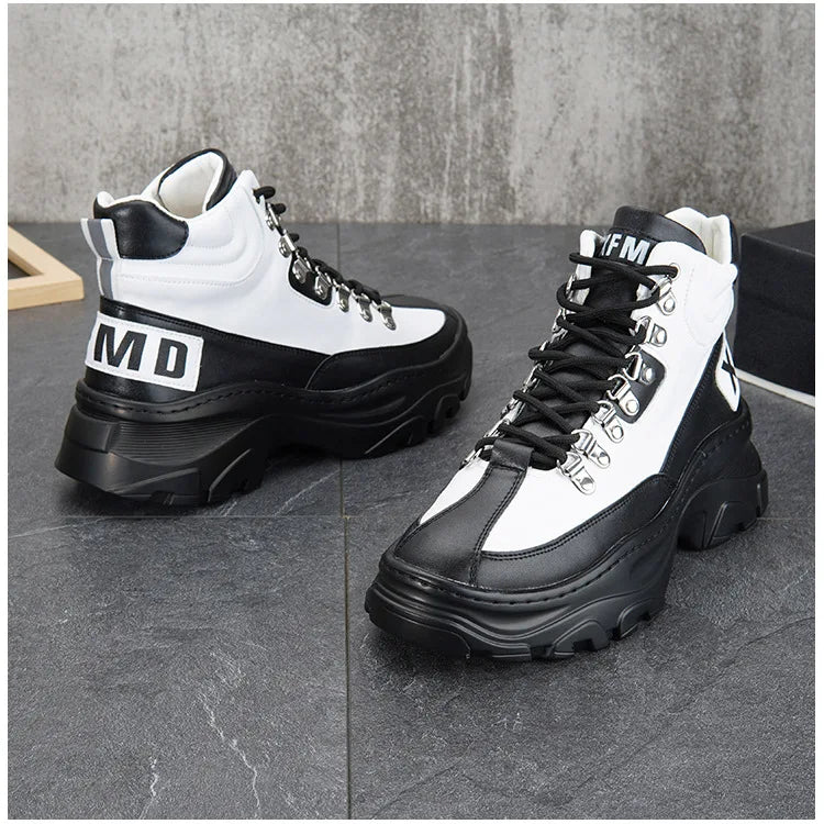 White High Top Board Boots for Men Thick Soled Men Boots with Elevated Height Inside Outdoor Casual Versatile High-top Shoes