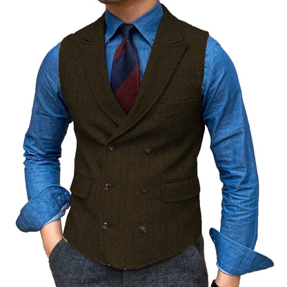 Men Vest Brown Herringbone With Lapel Waistcoat Vintage Regular Slim Business Banquet Business Casual Men Suit Vest