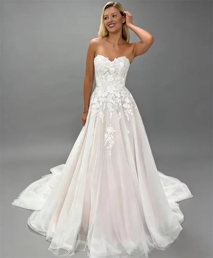 Customized Boho Sweetheart A-line Tulle Wedding Dresses Sleeveless Lace Appliques Bride Dress Long Bridal Gown vestidos de novia