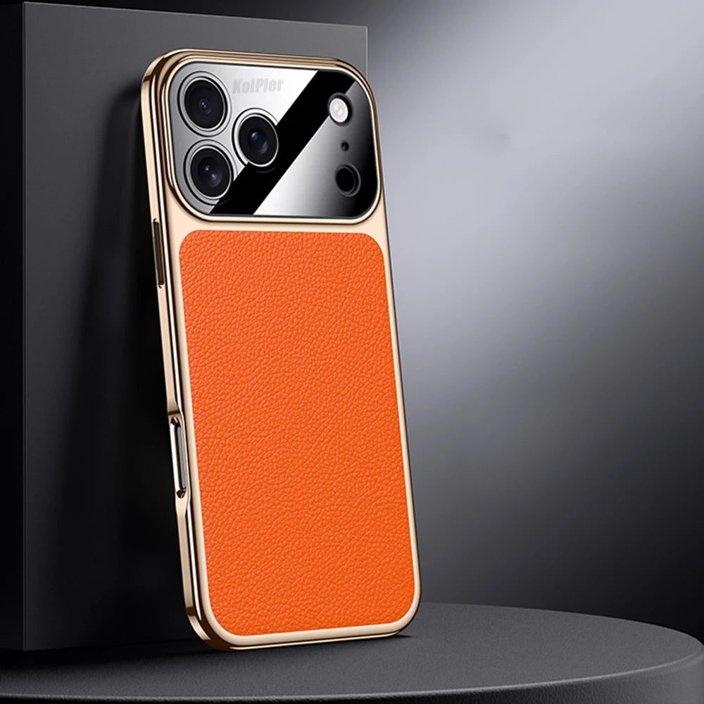 Original Leather Case For iPhone 17 PRO MAX Plating Genuine cowhide Lichee Pattern Lens Protection Shockproof Hard Phone Cover