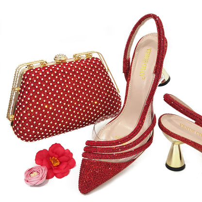 Italian Pointed Toe Wedding Shoes Gold Color Summer Sandal for Women 2023 High Heels Rhinestone Shoe and Bag Set