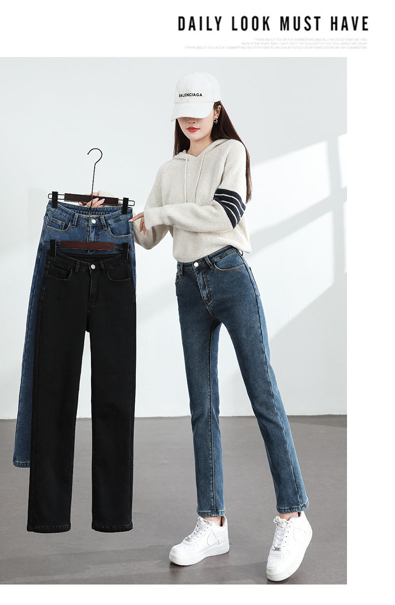 Women's Winter Fleece Warm Jeans Retro Slim Straight Elastic Cotton Thickened Warm Denim Pants Fashion Female Clothing