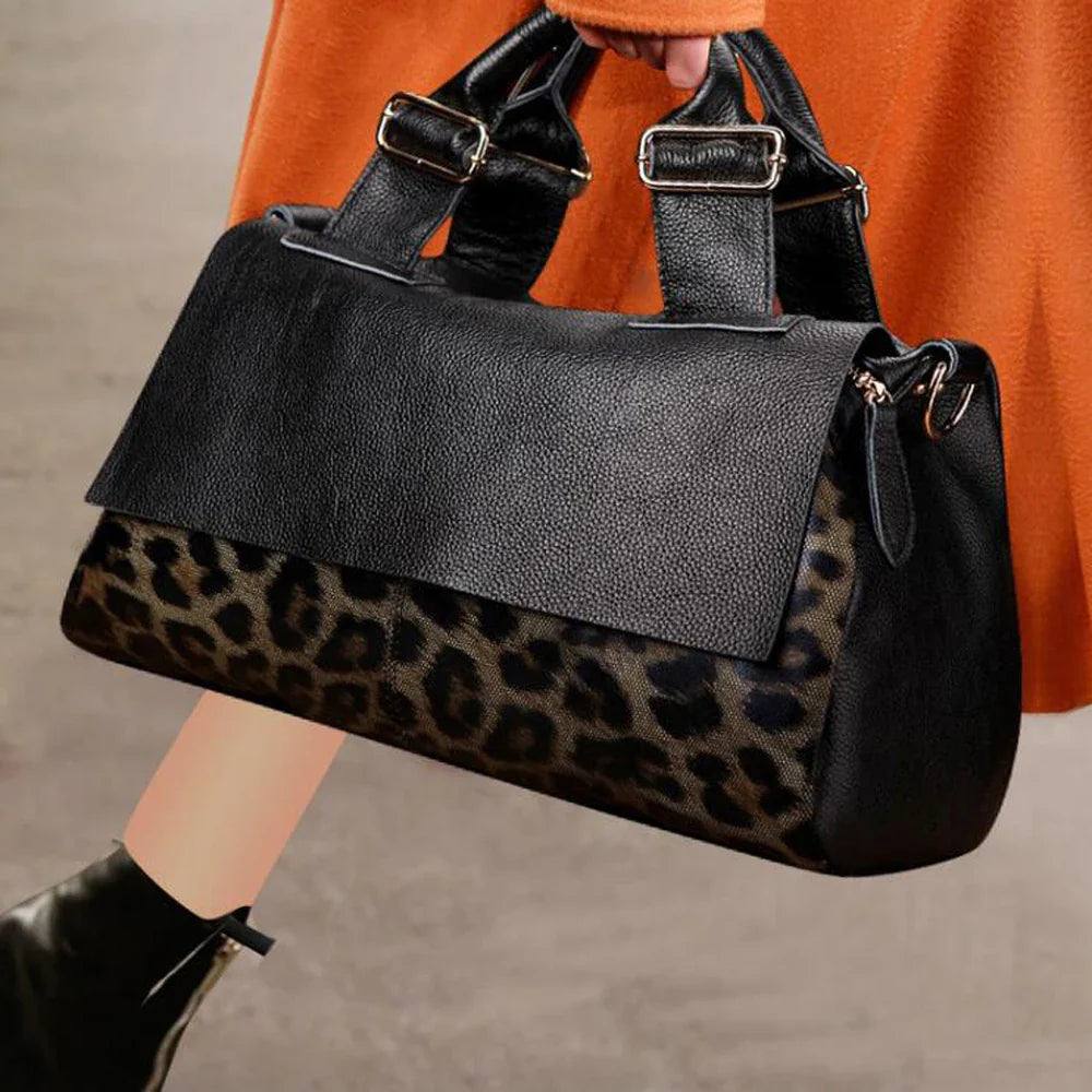 Genuine Leather Tote Handbags for Women, Leopard Shaped Cow Skin Office Bag with Long Strap, Luxury Crossbody Shoulder Bags