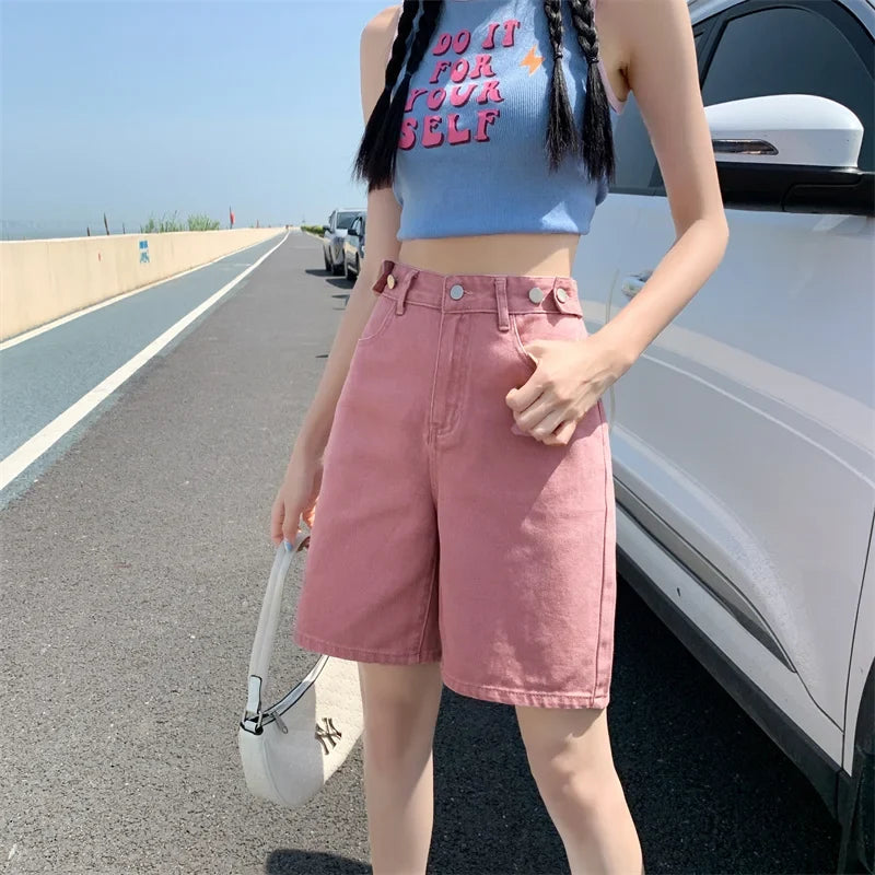Summer New Korea Fashion Loose Women Jeans Shorts Purple Pink High Waist Straight Pockets Female Wide Short Pants