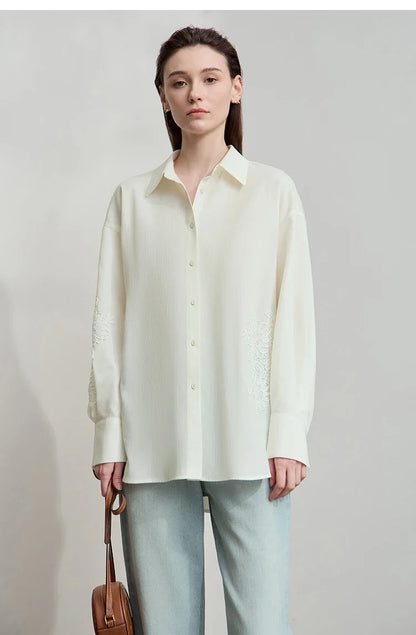 2025 New Arrival Autumn Offce Lady Shirt Turn-down Collar Drop Sleeves Loose Blouse Lace Splicing Women Clothing 12553077