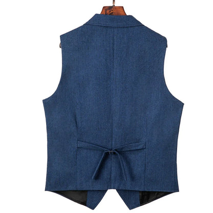Men Vest Blue Herringbone Single Button With Lapel Waistcoat For Wedding Birthday Banquet Party Business Work Men Suit Vest