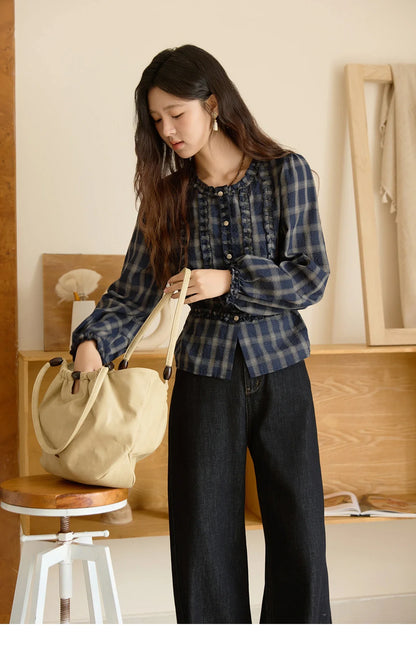 Women's Vintage Blue Plaid Shirt 2025 Autumn New Elegant Luxury Loose Waist Shirts Round Neck Long Sleeved Top MXE45X2480