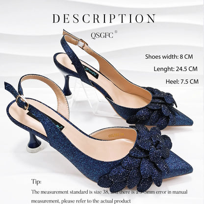 New Sky Blue Satin Handmade Flowers Shoes And Bag African Women's Banquet Pointed Toe Heels Matching Shoes And Bag Wedding Party