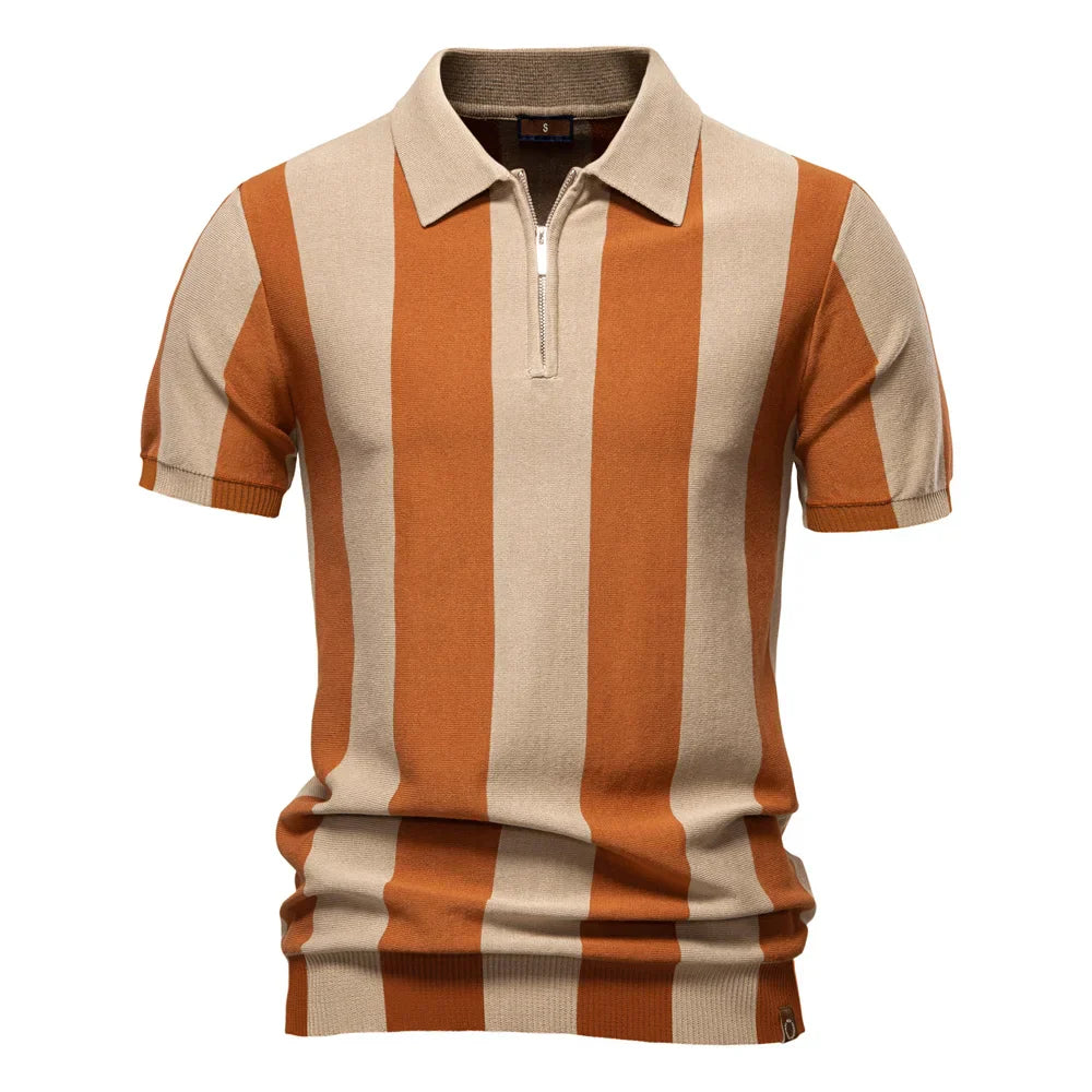 2025 New Summer Men's Breathable Striped Contrast Panel Polo Shirt - Casual Short Sleeve Knit Shirt with Comfort Fit