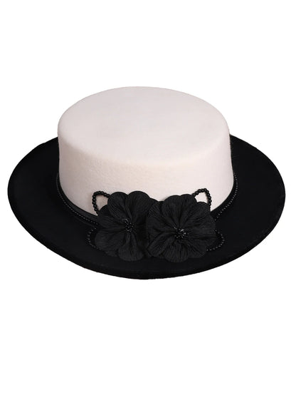 Women's Black/White Flat Top Wool Felt Fedora Hat with Flower Faux Pearl Detail Winter Dress Cap Stylish French Millinery
