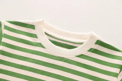 Summer Kids Boys Clothing Toddler Casual Dinosaur Clothes Strips T Shirt Cartoon Bib  Short Pants 2Pcs/Set Children Suit Sets
