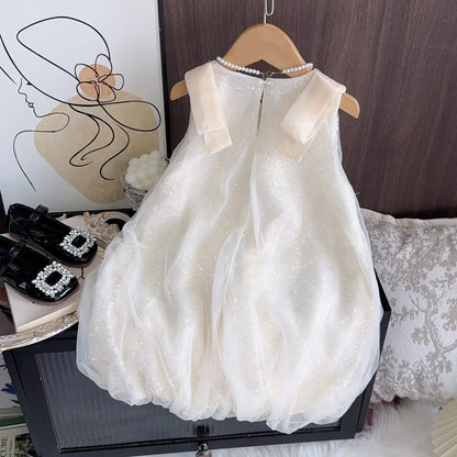 Summer New Girls' Sequined Lace Bow Bubble Princess Dress Korean Version Fashionable Solid Color Kids Clothes 2-7 Years Old