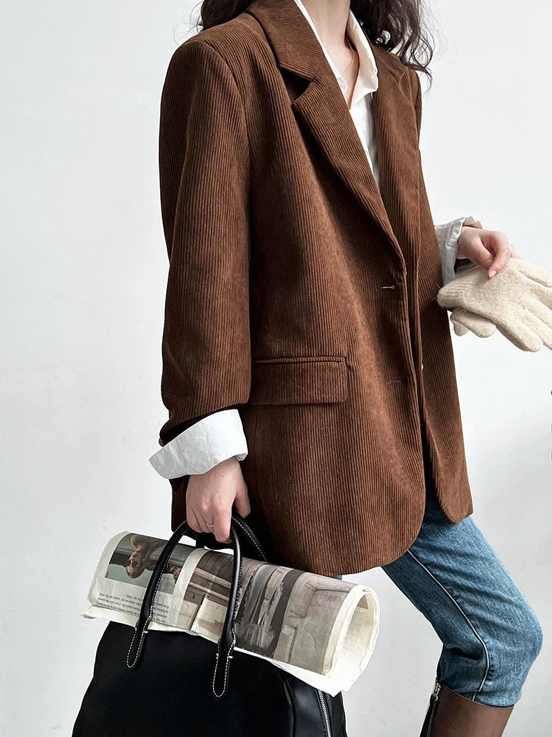 Brown Corduroy Suit Jackets Women's Spring New Fashion Loose Casual Blazers Notched Collar Single Breasted Pockets Female Tops