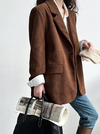 Brown Corduroy Suit Jackets Women's Spring New Fashion Loose Casual Blazers Notched Collar Single Breasted Pockets Female Tops