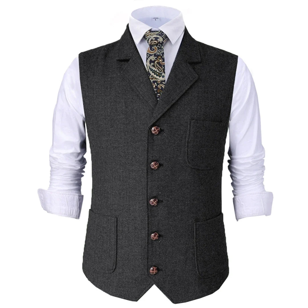 Men Vest Brown Herringbone With Lapel Waistcoat For Wedding Groom Banquet Business Casual Work Men Suit Vest