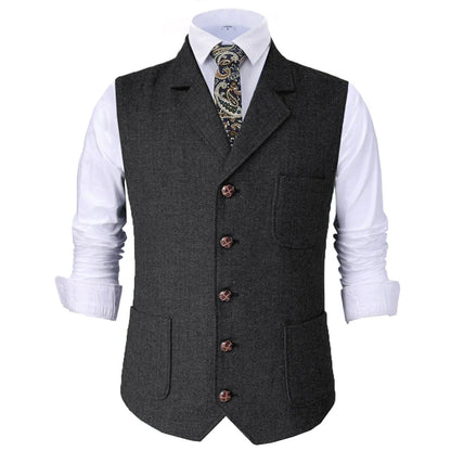Men Vest Brown Herringbone With Lapel Waistcoat For Wedding Groom Banquet Business Casual Work Men Suit Vest