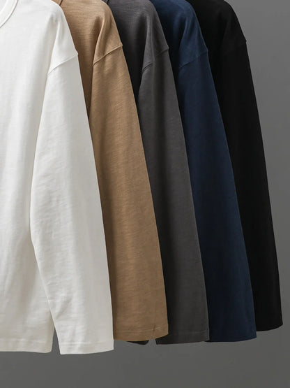 320G Heavyweight 100% Cotton Henley Neck T Shirt for Men Long-Sleeved Spring Autumn Casual Tops Solid Color Undershirts