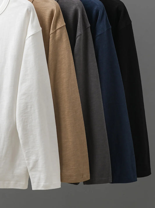 320G Heavyweight 100% Cotton Henley Neck T Shirt for Men Long-Sleeved Spring Autumn Casual Tops Solid Color Undershirts