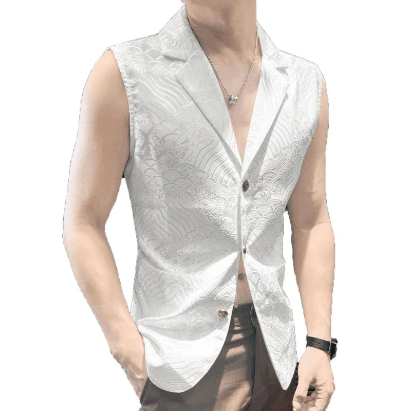Man Suit Vest Vintage Printed Turn Down Collar Male Waistcoat Thin Slim Single-breasted Sleeveless Casual Men Vest
