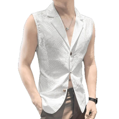 Man Suit Vest Vintage Printed Turn Down Collar Male Waistcoat Thin Slim Single-breasted Sleeveless Casual Men Vest