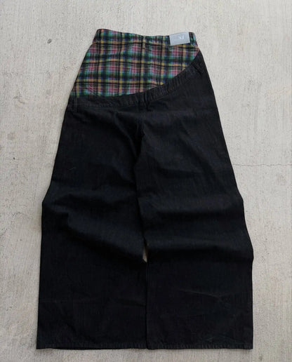 Y2k Slanted Runway Baggy Jeans Retro Plaid Patchwork Men Women Wide Leg Pants American Hip Hop Streetwear Unisex Casual Jeans