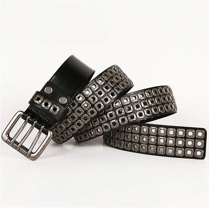 3 Needles Heavy Metal Cowboy Punk Belt Real Genuine Leather Hip Hop Belts Men Cross Square Rivet Jeans Belt Male Strap Studded