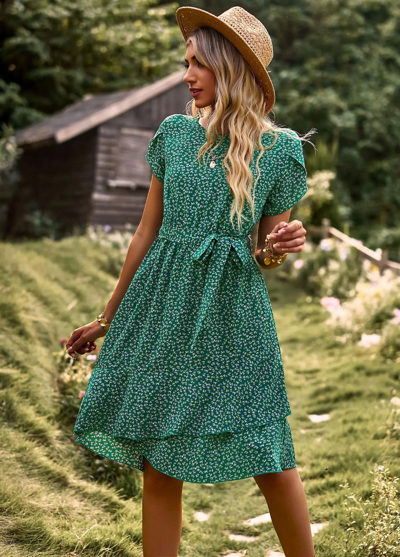 Summer O Neck Casual Printd Women Strap High Waist Pleated Floral Dress