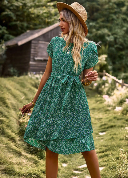 Summer O Neck Casual Printd Women Strap High Waist Pleated Floral Dress