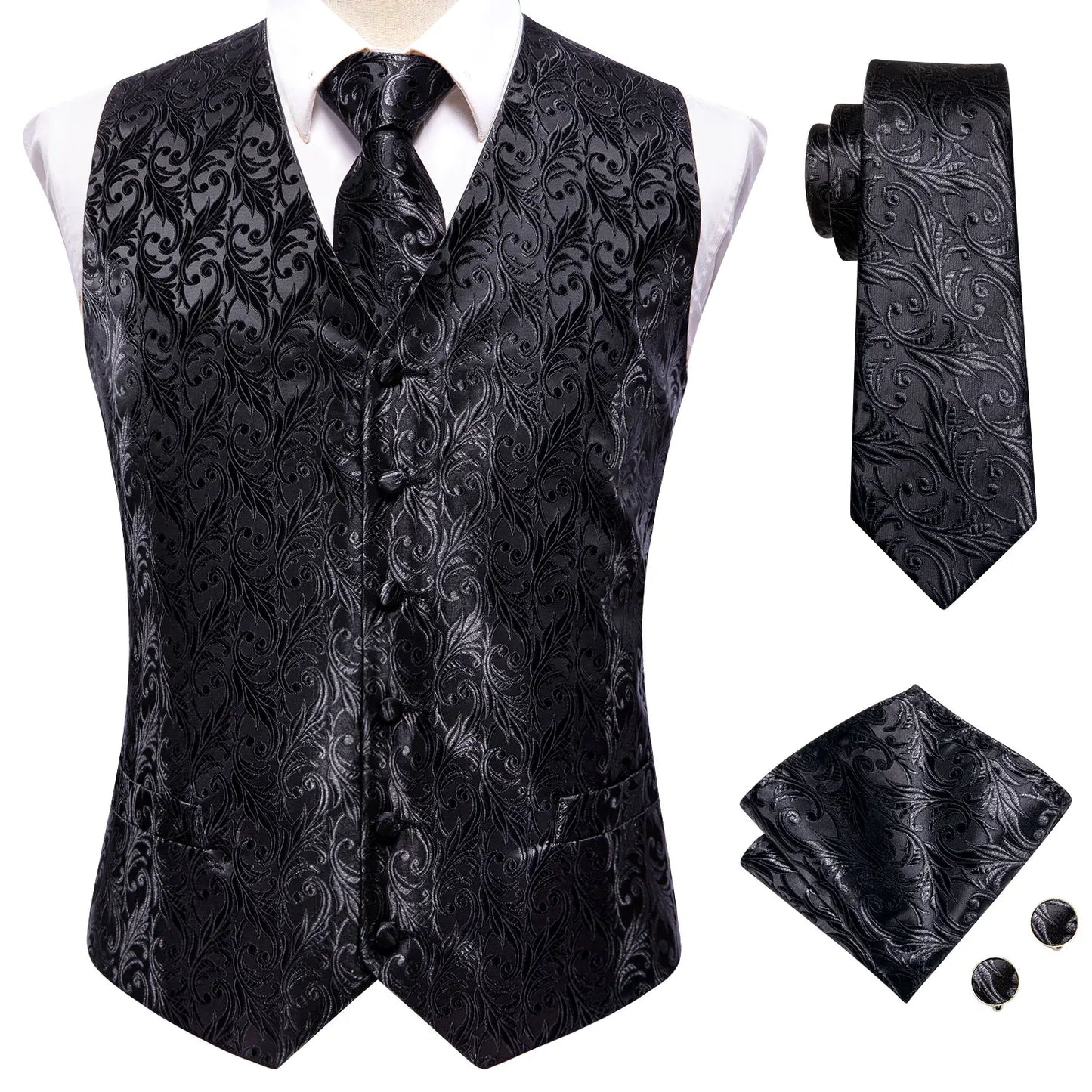 Luxury Mens Waistcoat Tie Set White Black Gray Silver Brown Sleeveless Jacket Suit Vest Necktie Hanky Cufflinks Gift