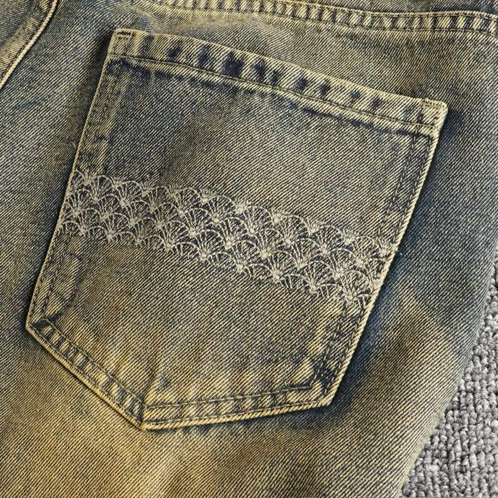 Do old wash retro American trend jeans men's catwhiskers embroidery craft comfortable straight leg casual pants