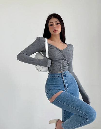 American Spicy Girls Sexy Hole Jeans Slim High Waist Elastic Feet Pencil Pants Trousers Fashion Women BOF8