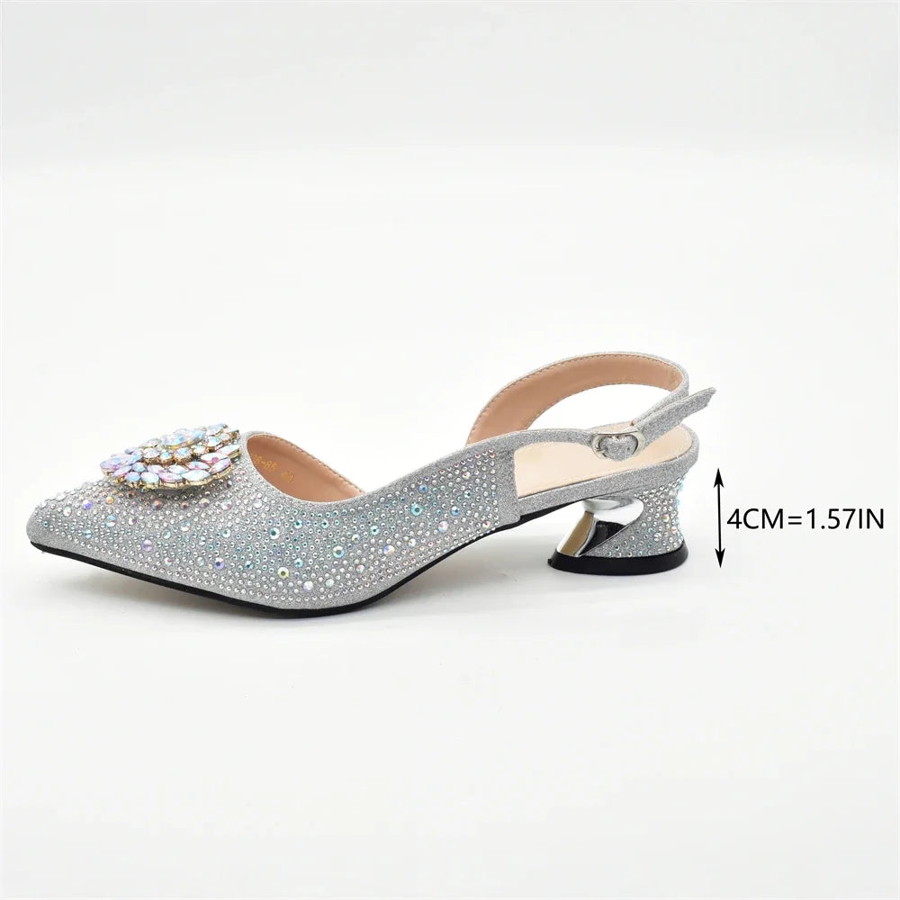 Luxury Designer Silver Italian Matching Shoes and Bag Set Decorated with Rhinestone Shoe and Bag Set for Party in Women Nigerian