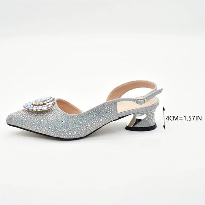 Luxury Designer Silver Italian Matching Shoes and Bag Set Decorated with Rhinestone Shoe and Bag Set for Party in Women Nigerian