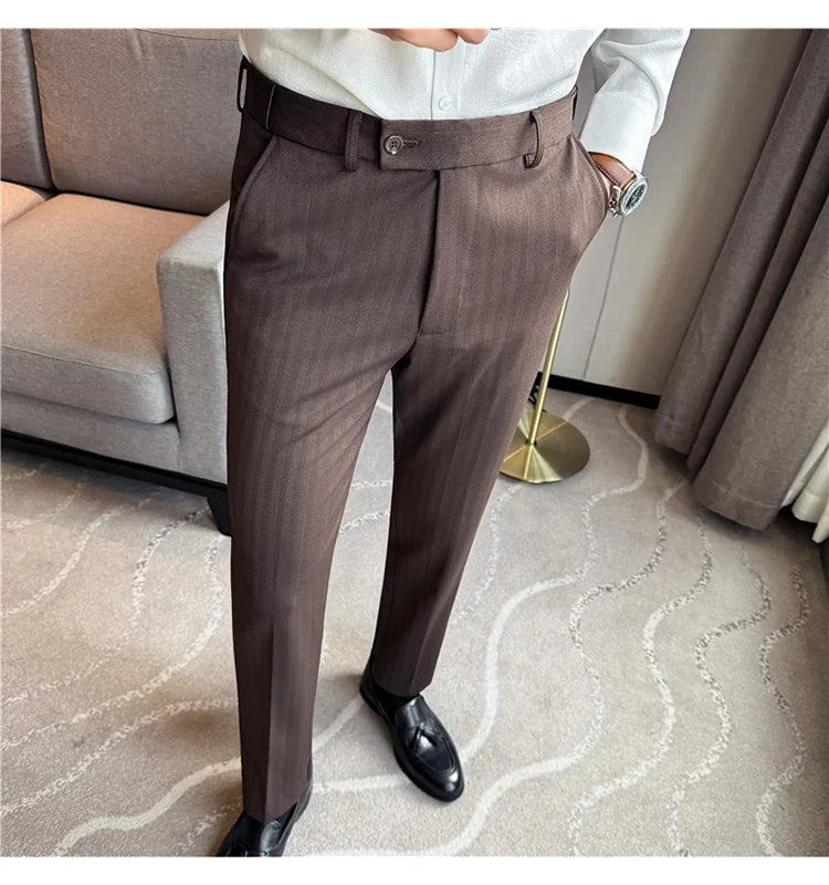 Autumn Winter New Thickened Wool Striped Suit Pants Men's High Qualitys Elastic Waist Slim Fit Business Casual Trousers 38-29