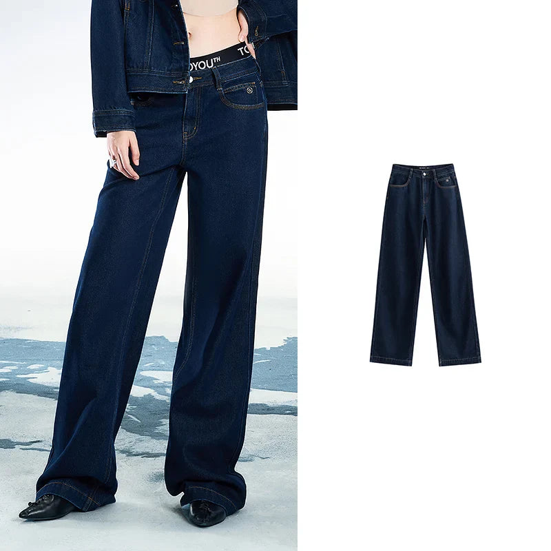 Women Denim Jeans 2025 Spring New Acetate Wide Leg Mid Low Waist Slim Fit Straight Wide Leg Pants