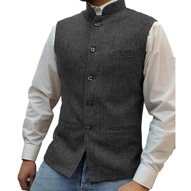 Mens Retro Vest Herringbone Wool Blended Smart Casual Stand Collar Single Breasted Waistcoat Adjustable Buckle Men's Suit Vest